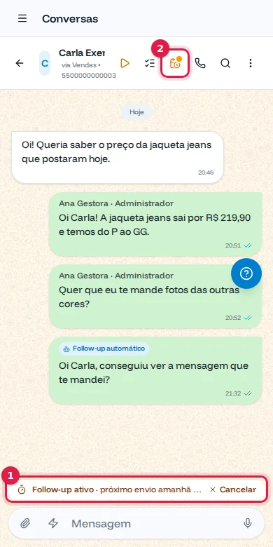 Conversa no celular com a faixa de follow-up ativo