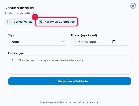 Janela do lead aberta no Funil com o botão Follow-up automático destacado ao lado de Ver conversa