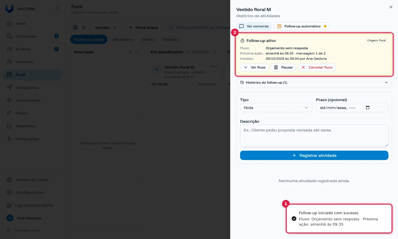 Funil com a janela do lead mostrando Follow-up ativo e o aviso Follow-up iniciado com sucesso