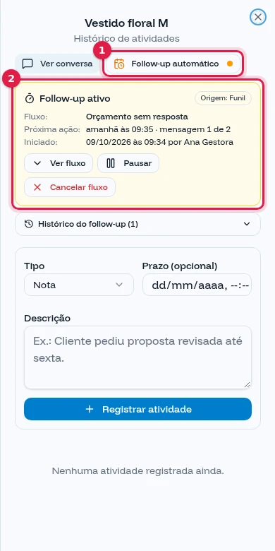 Janela do lead no celular com o botão Follow-up automático e o quadro Follow-up ativo