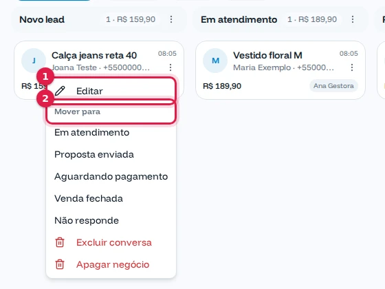 Menu do cartão com Editar, Mover para e a lista de etapas