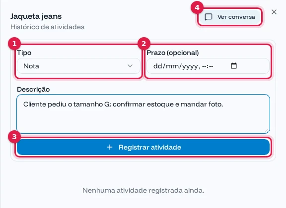 Histórico de atividades do negócio Jaqueta jeans com uma nota sendo escrita