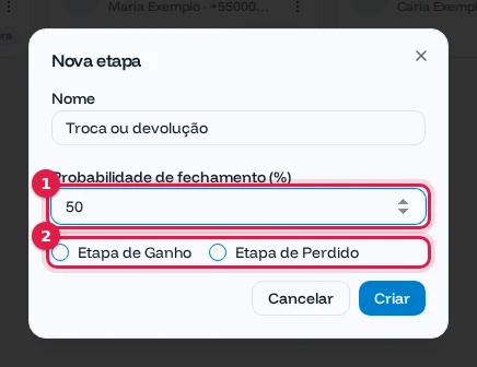 Janela Nova etapa com nome, probabilidade e as opções Etapa de Ganho e Etapa de Perdido