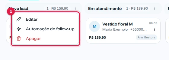 Menu da etapa com Editar, Automação de follow-up e Apagar