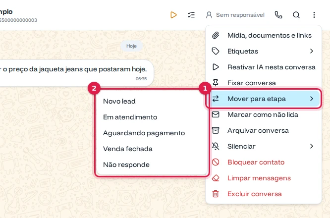 Menu da conversa com Mover para etapa aberto e a lista de etapas