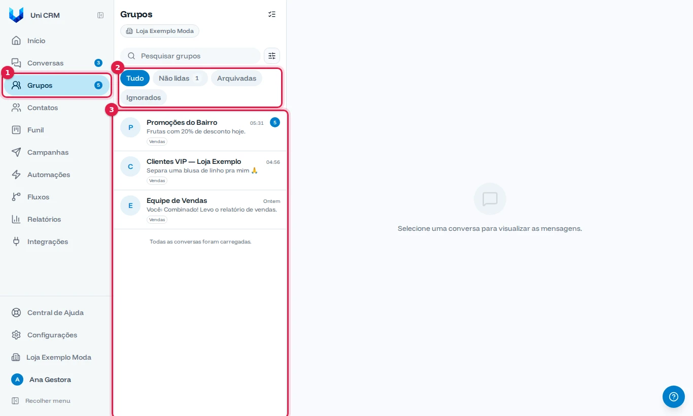 Tela de Grupos com o menu, as abas e a lista de grupos destacados