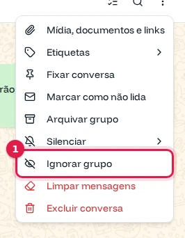 Menu do grupo com a opção Ignorar grupo destacada