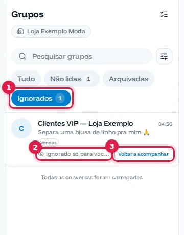 Aba Ignorados com o grupo Clientes VIP e o botão Voltar a acompanhar