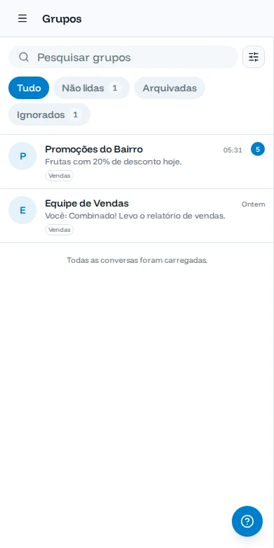 Tela de Grupos no celular