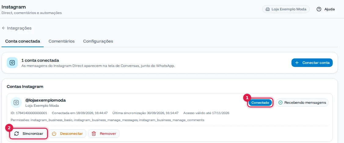 Conta @lojaexemplomoda conectada e recebendo mensagens, com os botões Sincronizar, Desconectar e Remover
