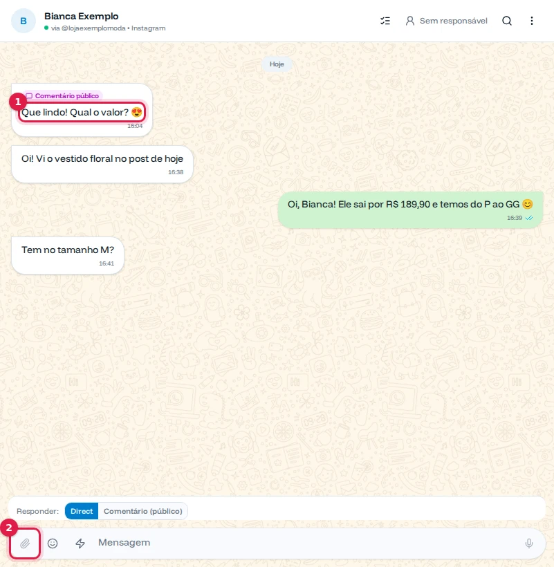 Conversa da Bianca Exemplo no Instagram com um comentário público e mensagens do Direct