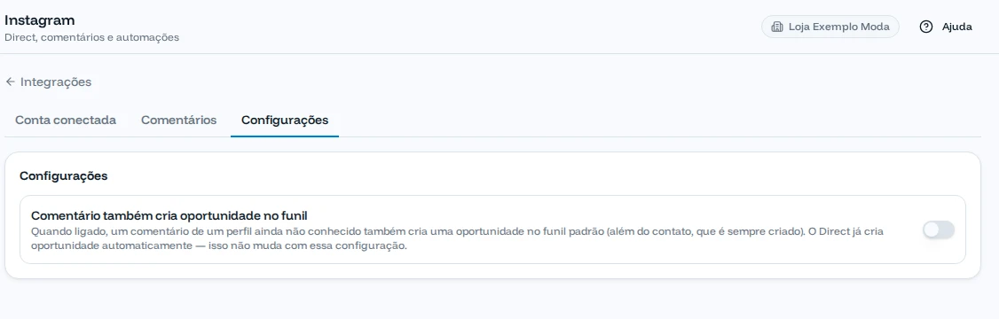 Configurações do Instagram com a opção Comentário também cria oportunidade no funil