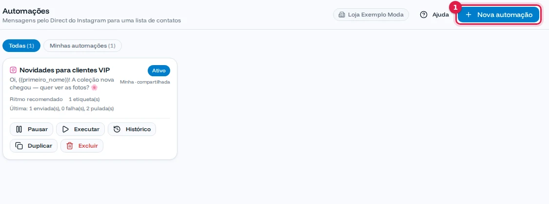 Tela de Automações com a automação Novidades para clientes VIP ativa