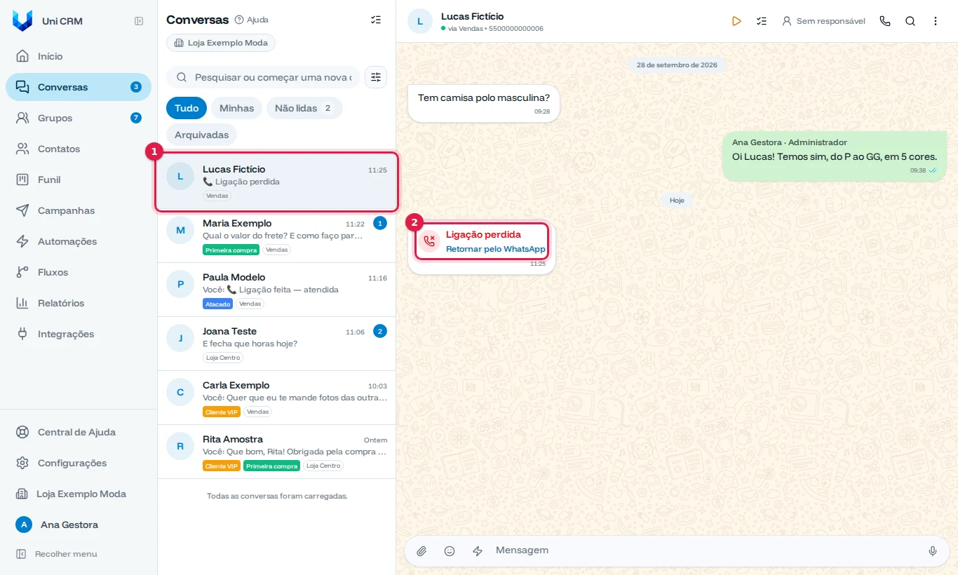 Lista de conversas com Lucas Fictício e Ligação perdida, e a ligação perdida na conversa com o atalho Retornar pelo WhatsApp