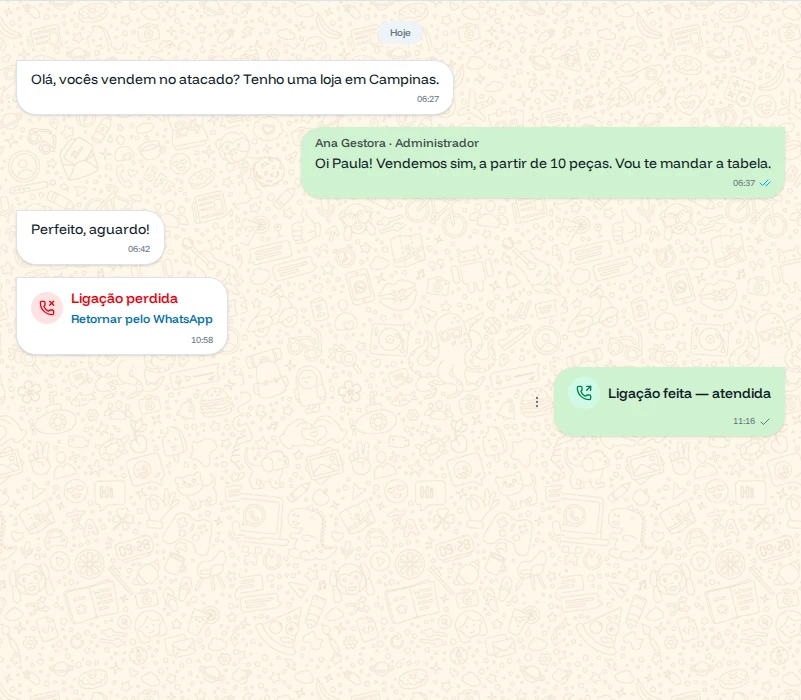 Conversa da Paula com uma ligação perdida e, depois, a ligação feita pela loja e atendida