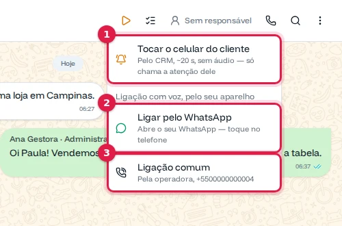 Menu do botão Ligar com Tocar o celular do cliente, Ligar pelo WhatsApp e Ligação comum