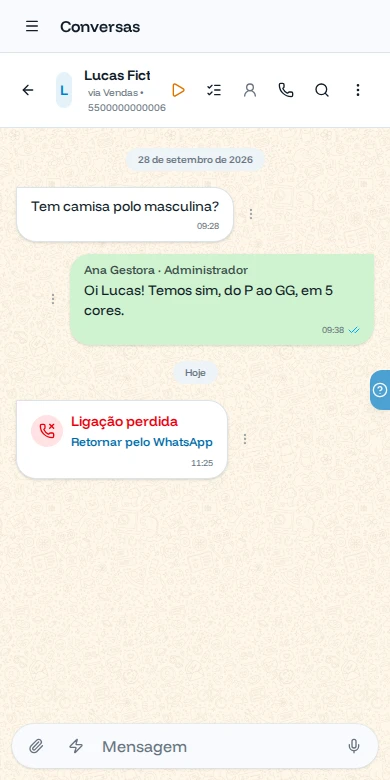 Conversa no celular com a ligação perdida e o atalho Retornar pelo WhatsApp