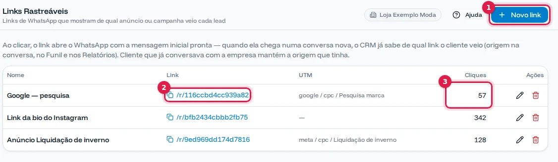 Lista de links rastreáveis: Google — pesquisa, Link da bio do Instagram e Anúncio Liquidação de inverno, com os cliques
