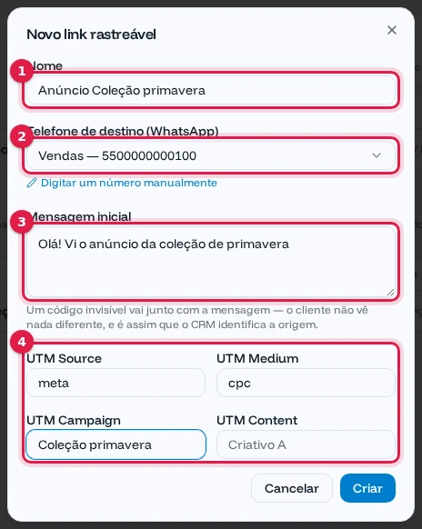 Formulário Novo link rastreável com nome, número Vendas, mensagem e UTMs