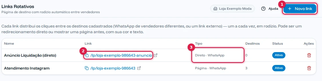 Lista de Links Rotativos com Anúncio Liquidação (direto) e Atendimento Instagram (página)