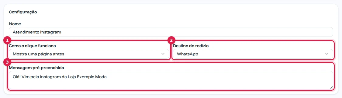 Configuração do link Atendimento Instagram: mostra uma página antes, destino WhatsApp e a mensagem