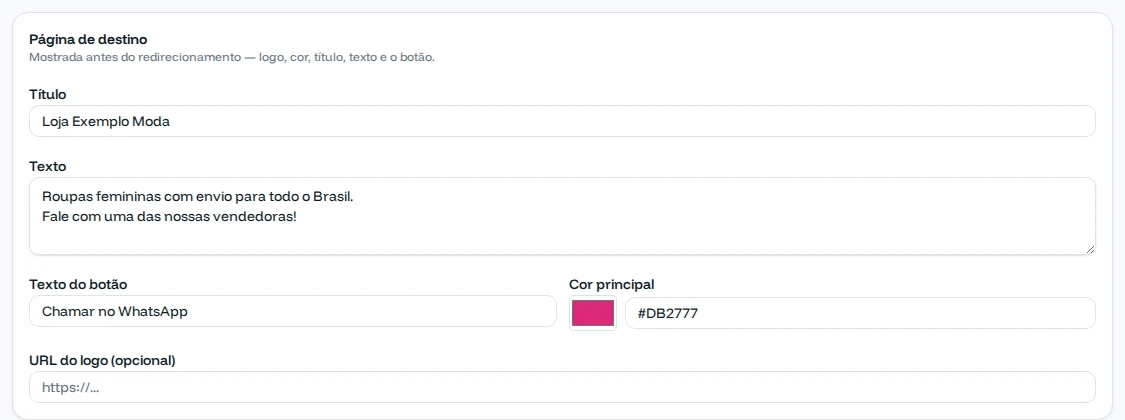 Página de destino com título Loja Exemplo Moda, texto, botão Chamar no WhatsApp e cor rosa