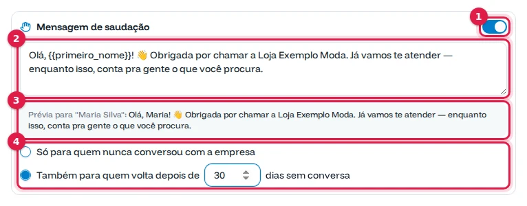 Mensagem de saudação ligada, com o texto, a prévia e a opção de mandar também para quem volta depois de 30 dias