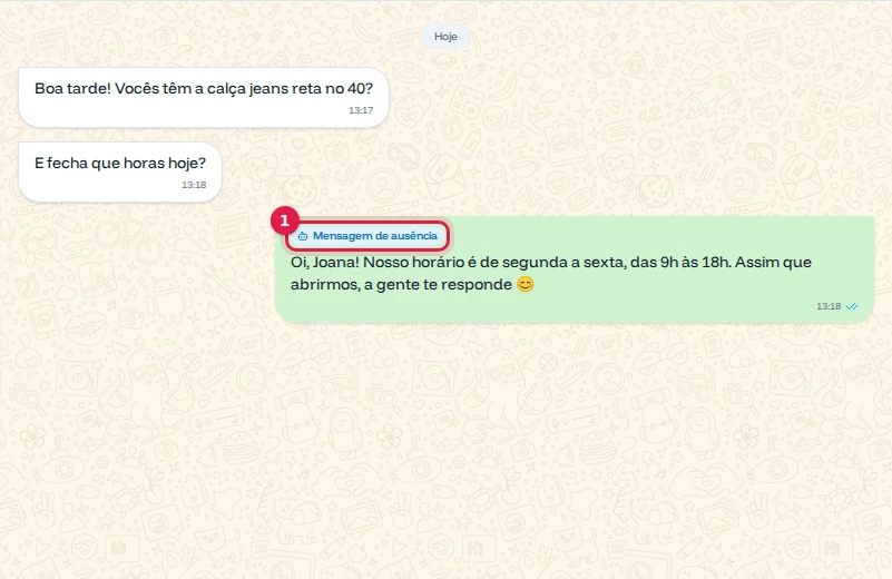 Conversa da Joana perguntando o horário e a mensagem de ausência com o selo