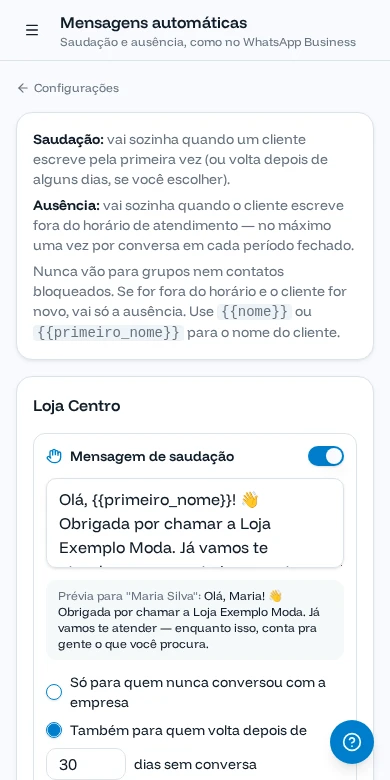 Tela de Mensagens automáticas no celular