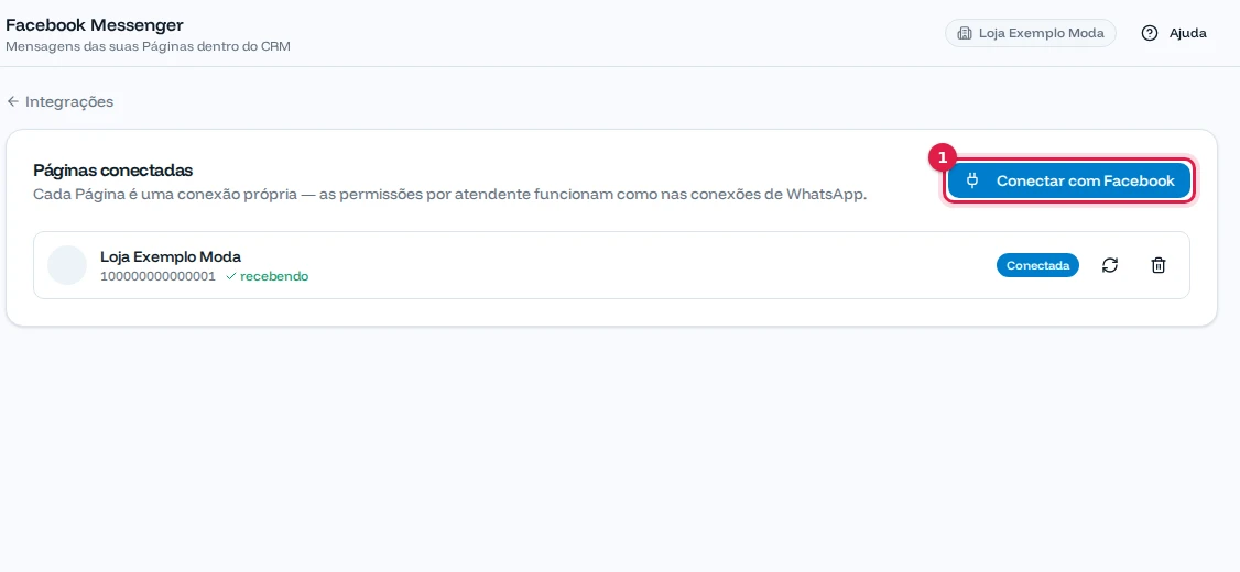 Tela do Facebook Messenger com a Página Loja Exemplo Moda conectada e recebendo