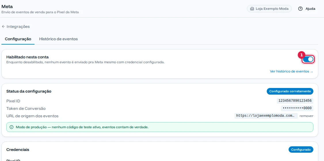Configuração da Meta habilitada, com o status configurado corretamente e modo de produção
