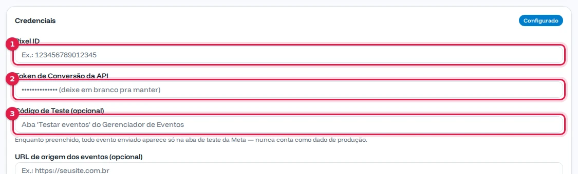 Formulário de credenciais com Pixel ID, Token de Conversão e Código de Teste