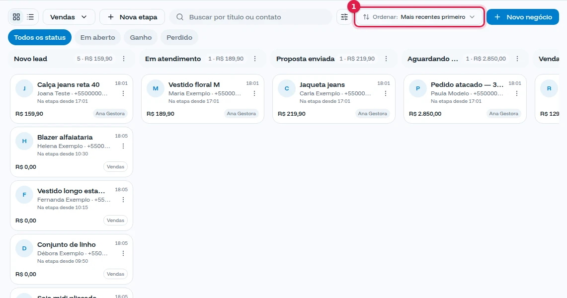 Funil com a opção Ordenar destacada, ao lado da busca e dos filtros