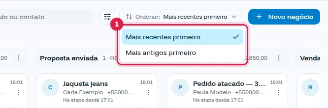 Lista aberta com Mais recentes primeiro e Mais antigos primeiro