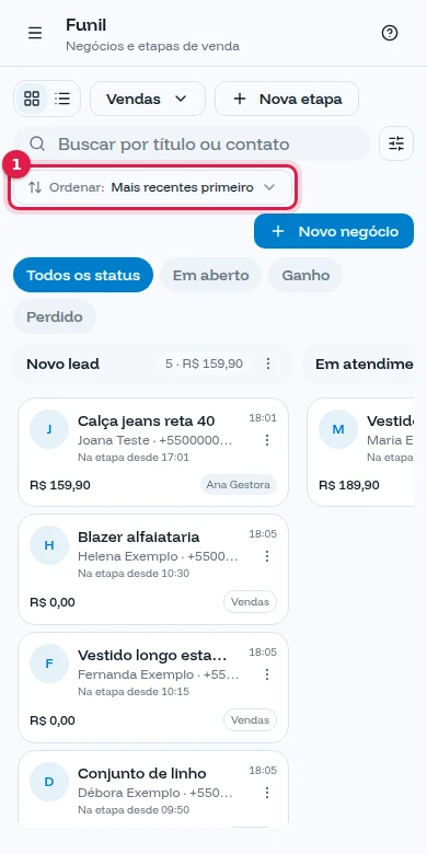 Funil no celular com a opção Ordenar abaixo da busca
