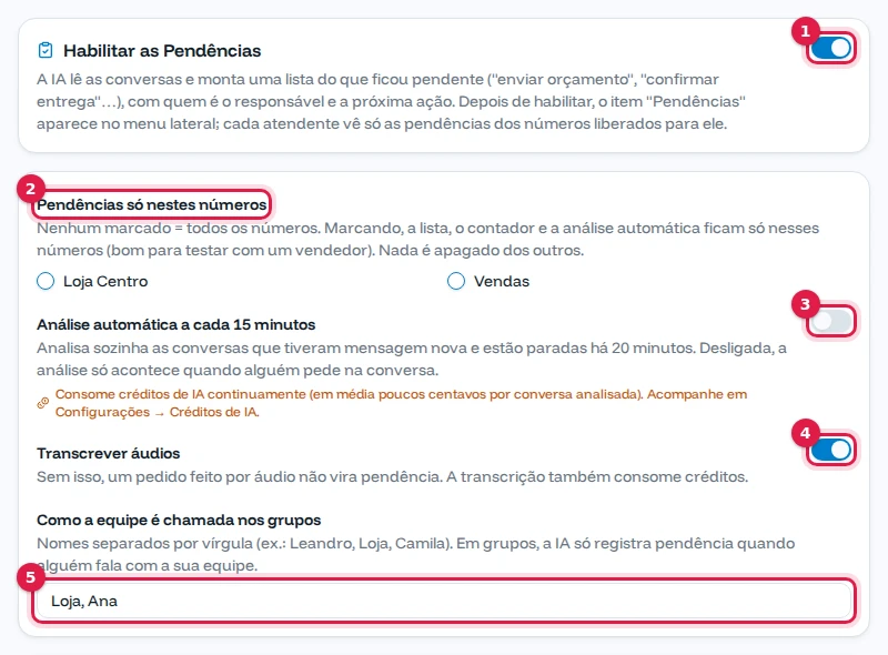 Configurações de Pendências com a funcionalidade habilitada, os números, a análise automática, a transcrição e os nomes da equipe