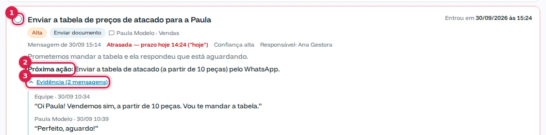 Pendência Enviar a tabela de preços de atacado para a Paula, atrasada, com a próxima ação e as mensagens de evidência