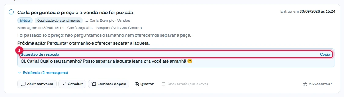 Alerta de qualidade: Carla perguntou o preço e a venda não foi puxada, com sugestão de resposta