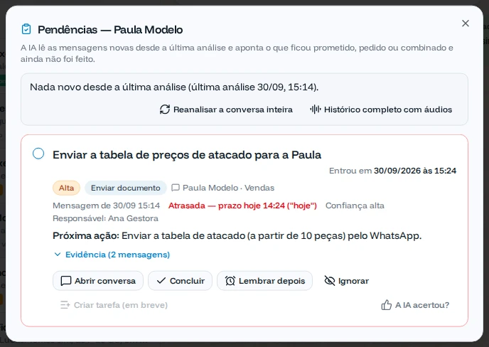 Painel Pendências da conversa da Paula com a pendência aberta