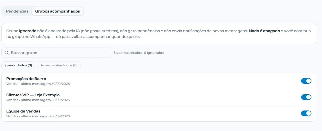 Aba Grupos acompanhados com três grupos e a chave de acompanhar