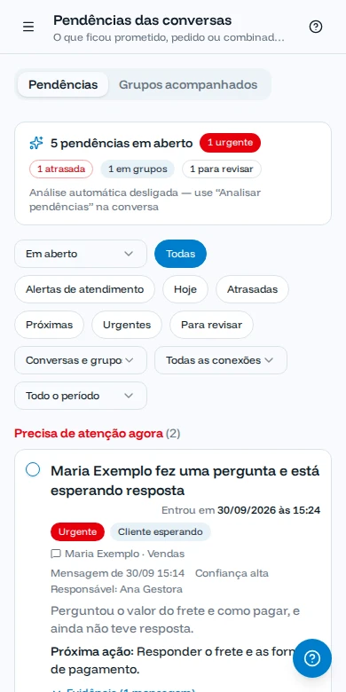 Tela de Pendências no celular