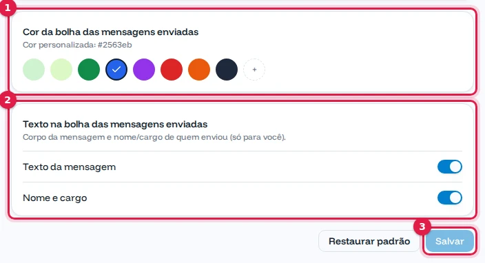 Cores da bolha com o azul escolhido e as opções Texto da mensagem e Nome e cargo