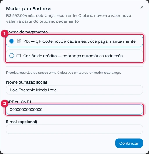 Janela para mudar para o plano Business, com PIX escolhido e os dados de cobrança