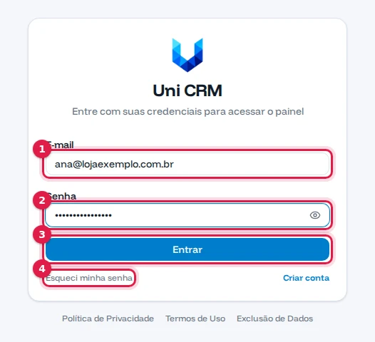Tela de entrada do UniCRM com e-mail, senha, Entrar e Esqueci minha senha
