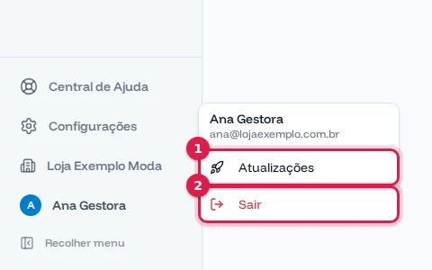 Menu do usuário aberto com Atualizações e Sair