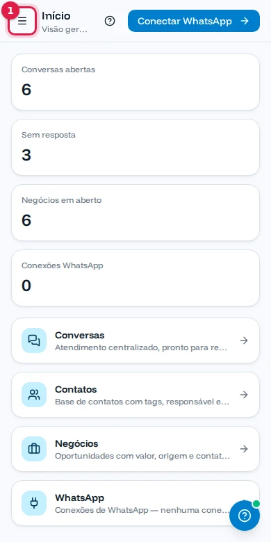 Tela Início no celular com o botão do menu destacado