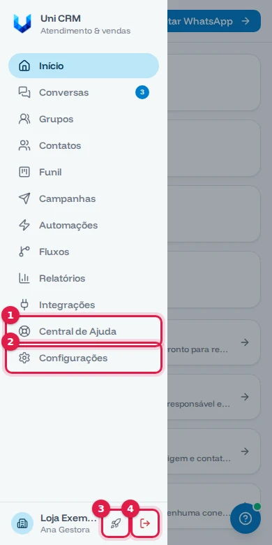 Menu aberto no celular com Central de Ajuda, Configurações, Atualizações e Sair destacados