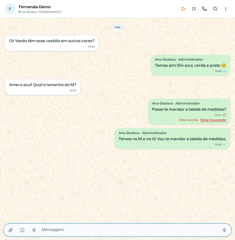 Conversa com mensagens enviadas mostrando os tiques de enviada e lida