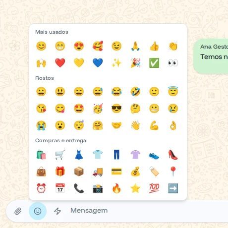Janela de emojis com os grupos Mais usados, Rostos e Compras e entrega