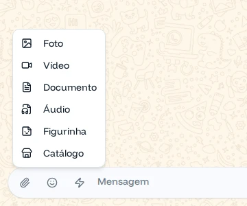 Menu do clipe com Foto, Vídeo, Documento, Áudio, Figurinha e Catálogo
